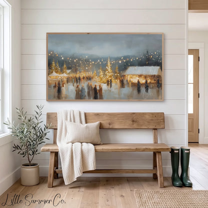Christmas Market Village Frame TV Art displayed on a TV