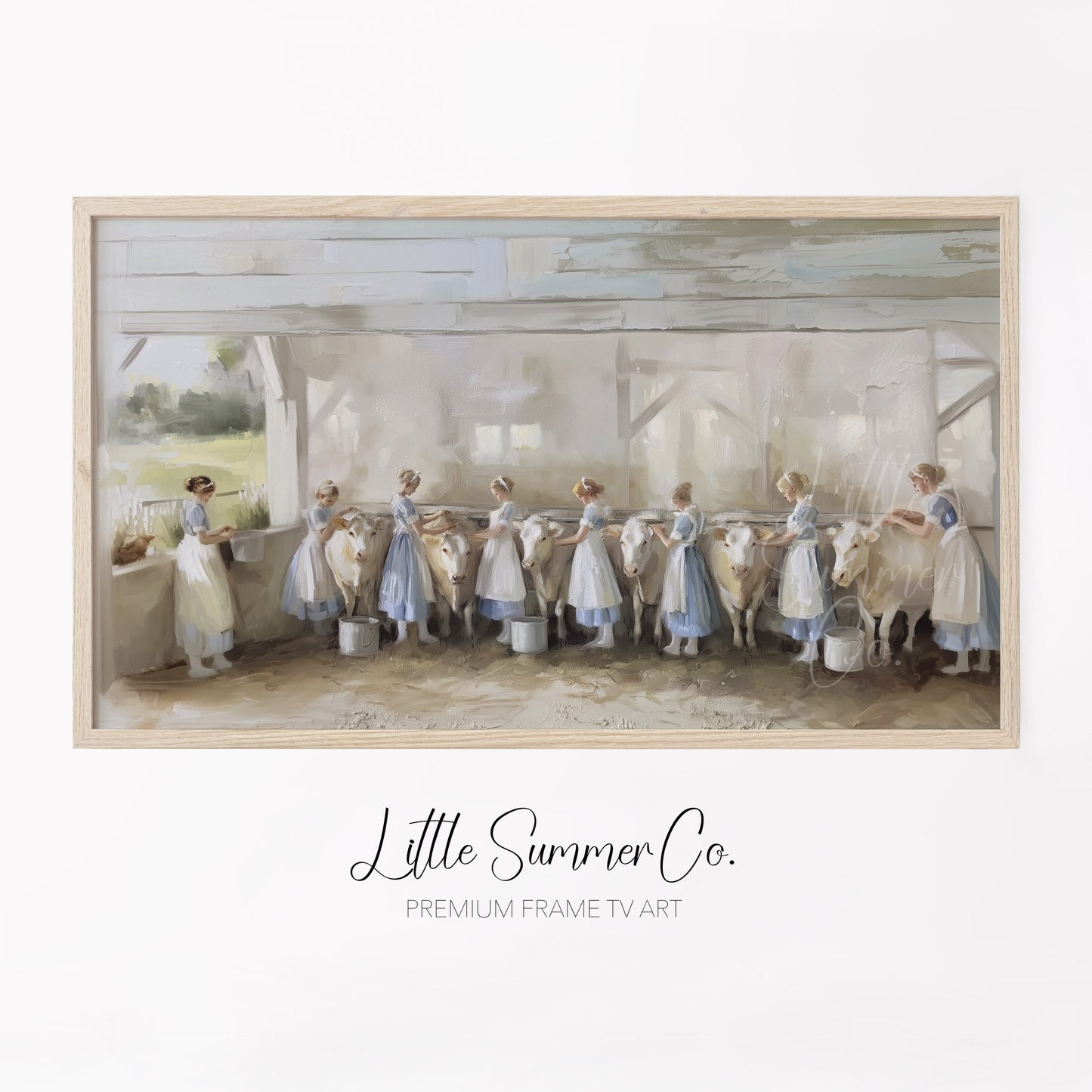 Milkmaids Milking Cows Frame TV Art displayed on a TV