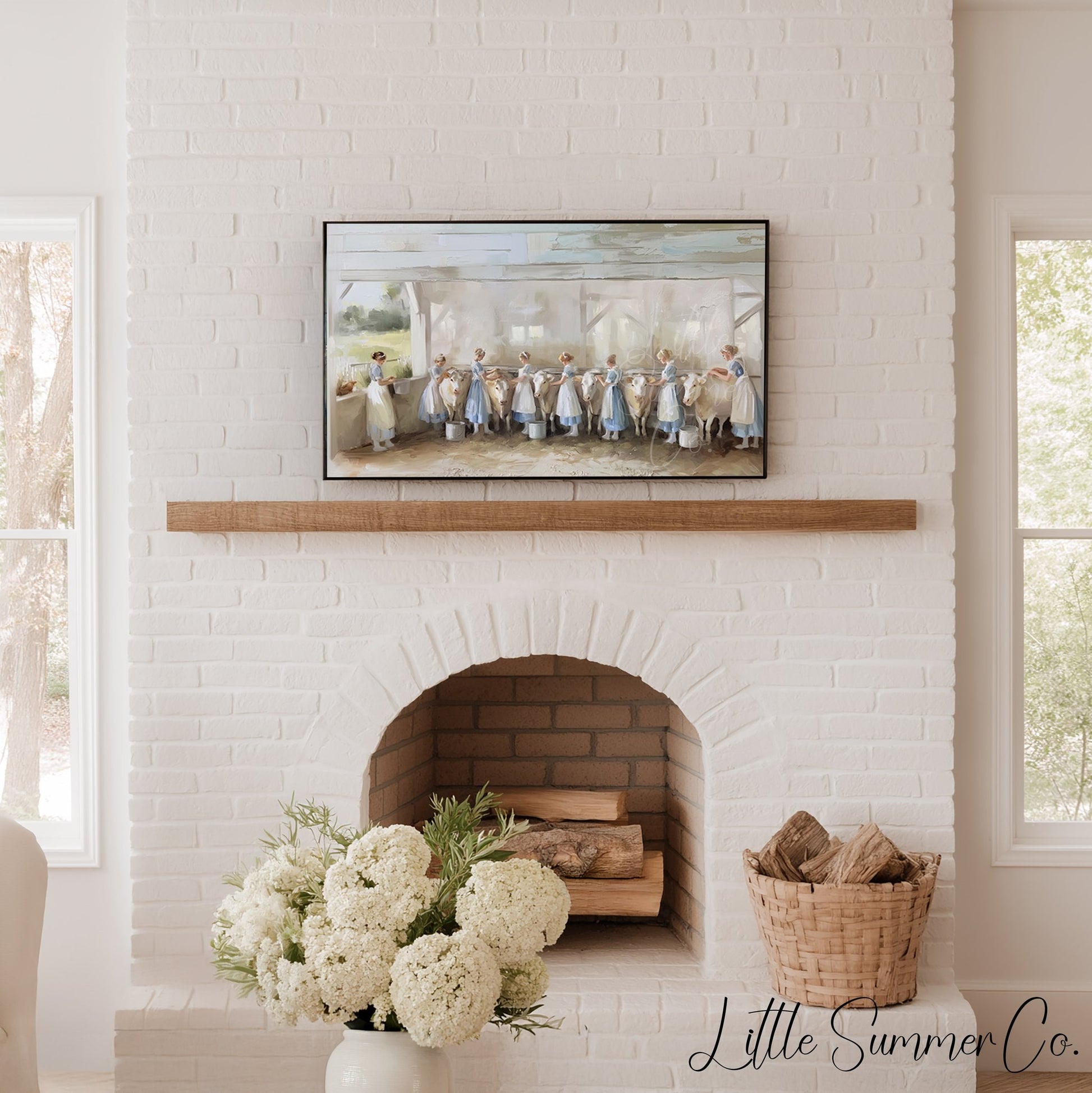 Milkmaids Milking Cows Frame TV Art displayed on a TV
