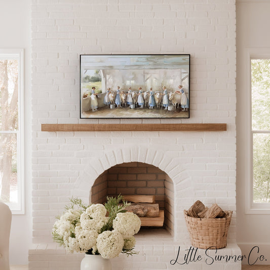 Milkmaids Milking Cows Frame TV Art displayed on a TV