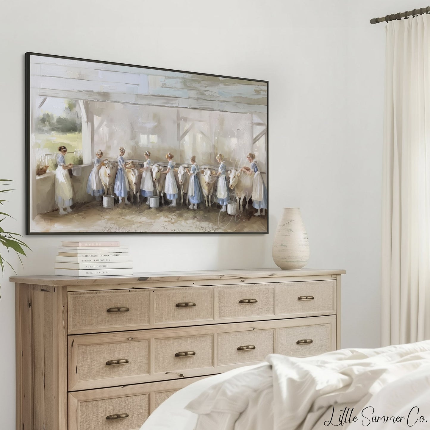 Milkmaids Milking Cows Frame TV Art displayed on a TV