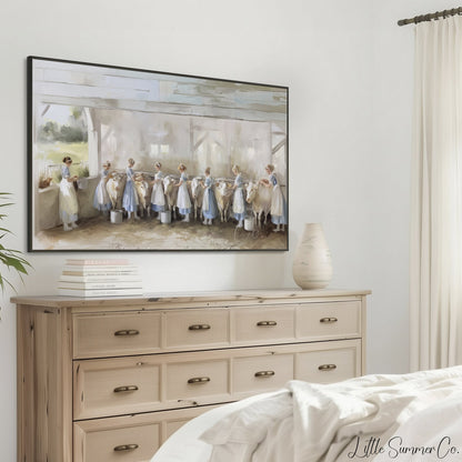 Milkmaids Milking Cows Frame TV Art displayed on a TV