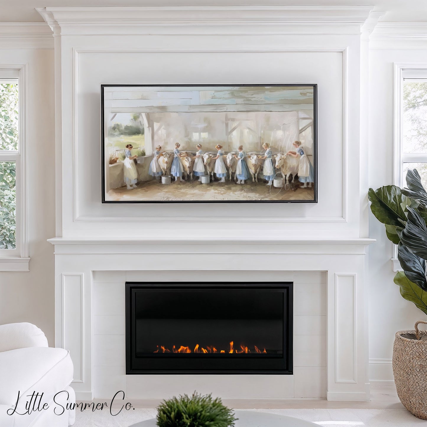 Milkmaids Milking Cows Frame TV Art displayed on a TV