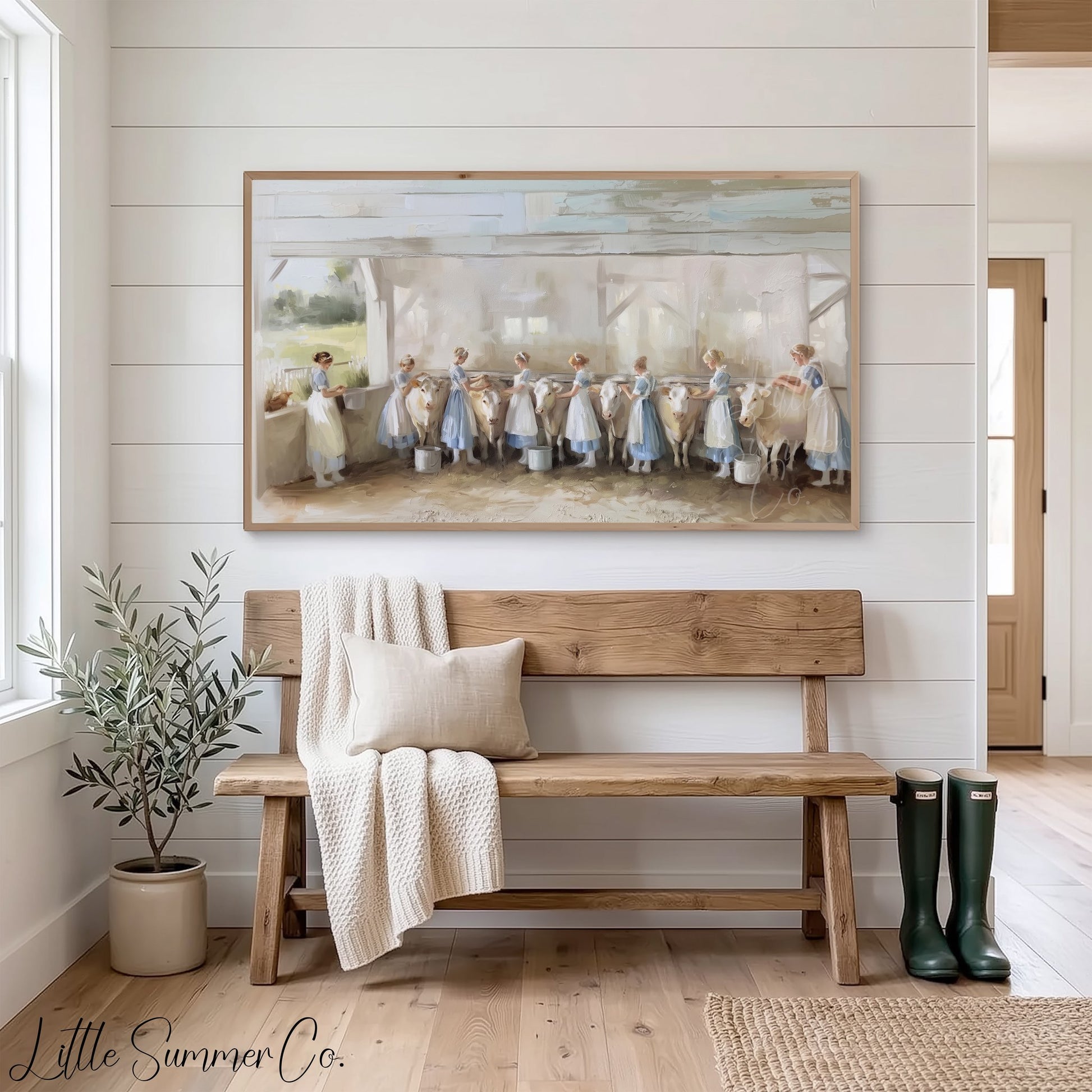 Milkmaids Milking Cows Frame TV Art displayed on a TV