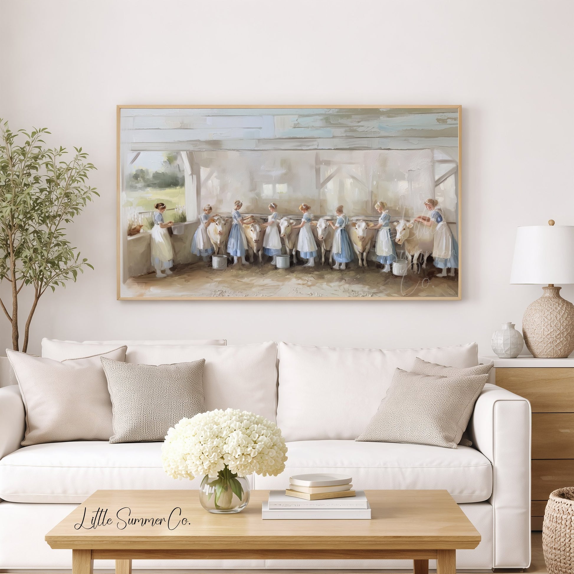 Milkmaids Milking Cows Frame TV Art displayed on a TV