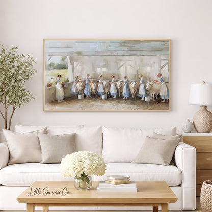 Milkmaids Milking Cows Frame TV Art displayed on a TV