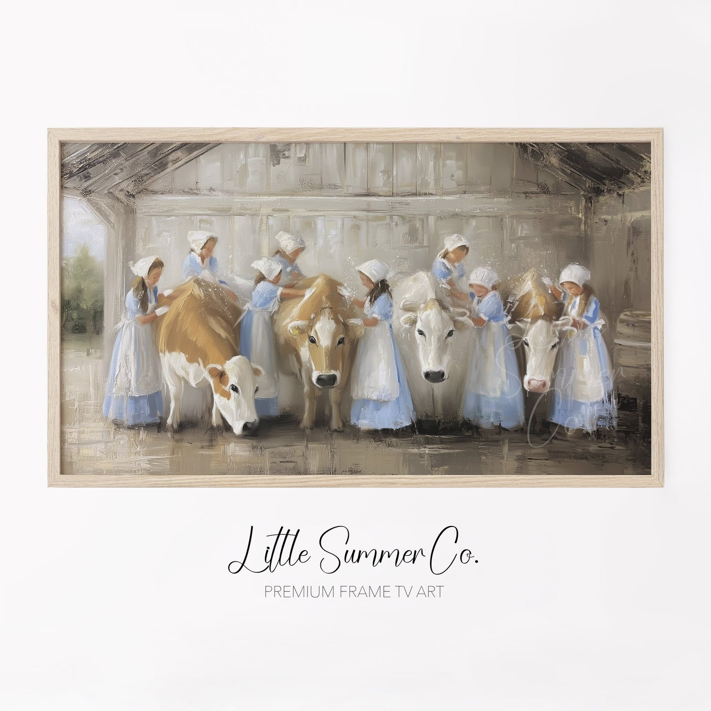 Milkmaids Tending Cows Frame TV Art displayed on a TV