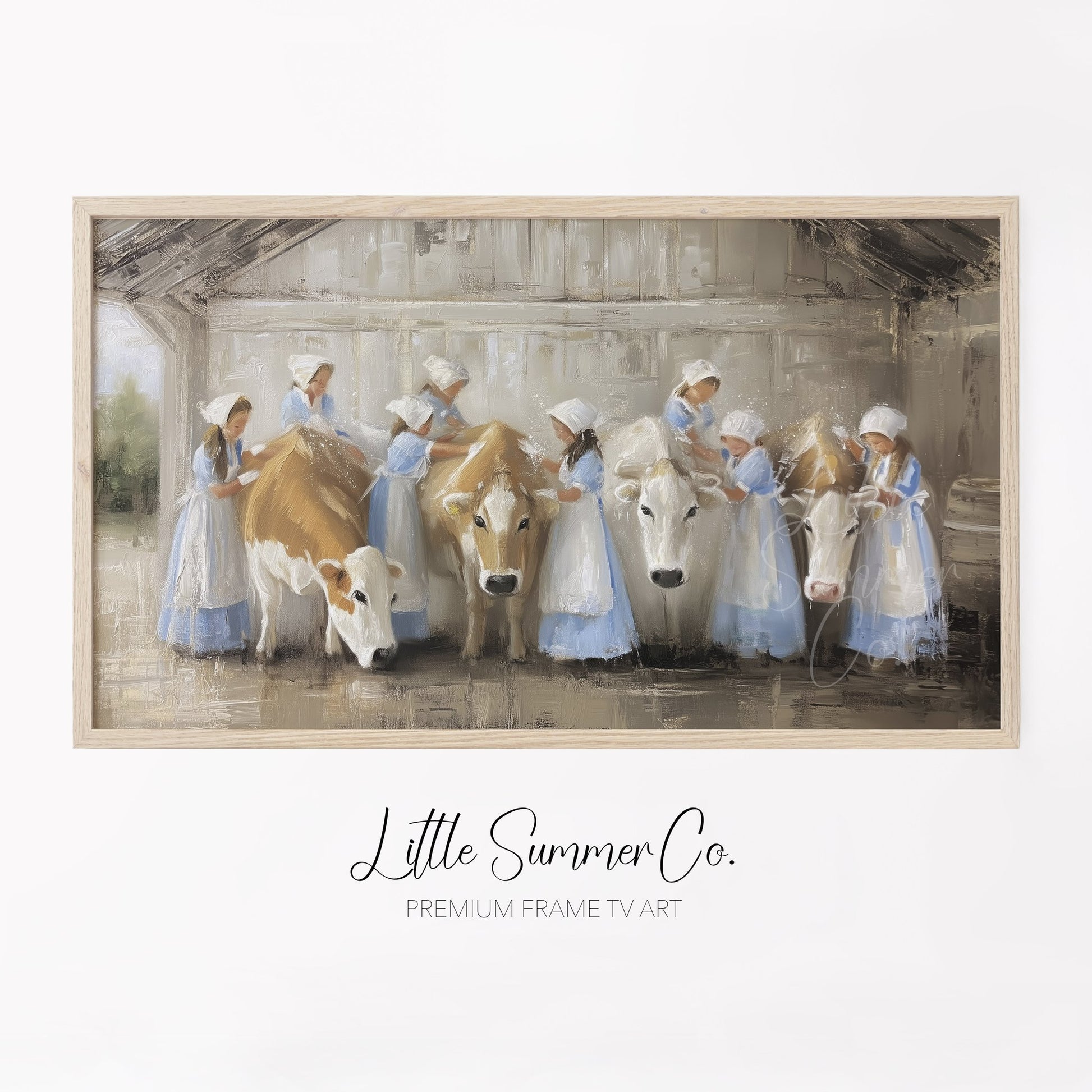 Milkmaids Tending Cows Frame TV Art displayed on a TV