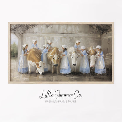 Milkmaids Tending Cows Frame TV Art displayed on a TV