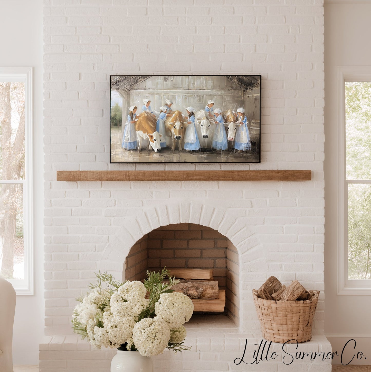 Milkmaids Tending Cows Frame TV Art displayed on a TV