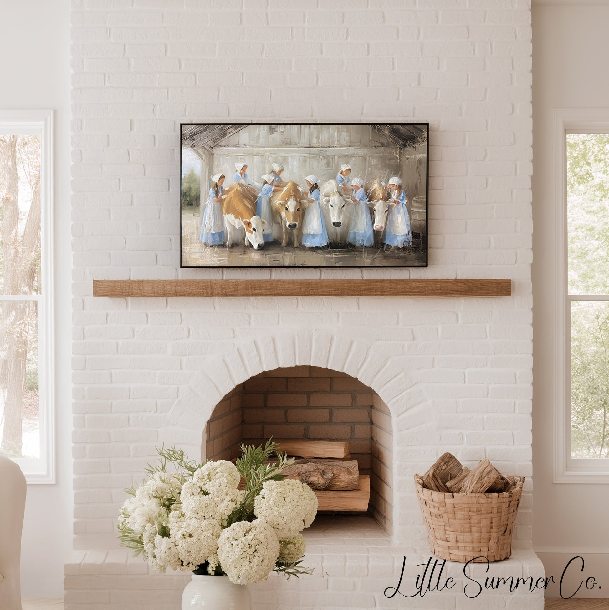 Milkmaids Tending Cows Frame TV Art displayed on a TV