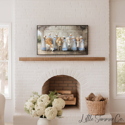 Milkmaids Tending Cows Frame TV Art displayed on a TV