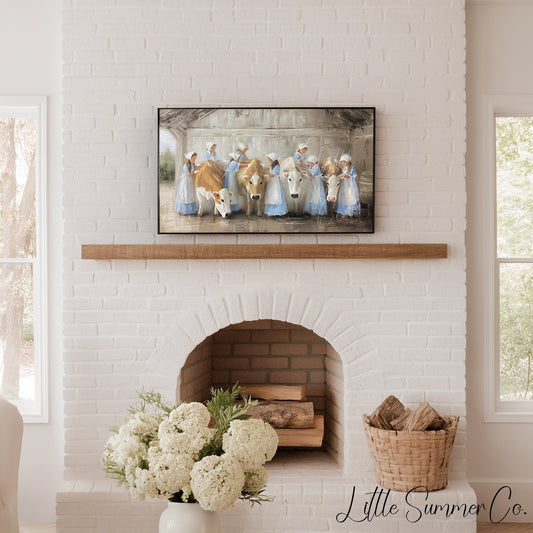 Milkmaids Tending Cows Frame TV Art displayed on a TV