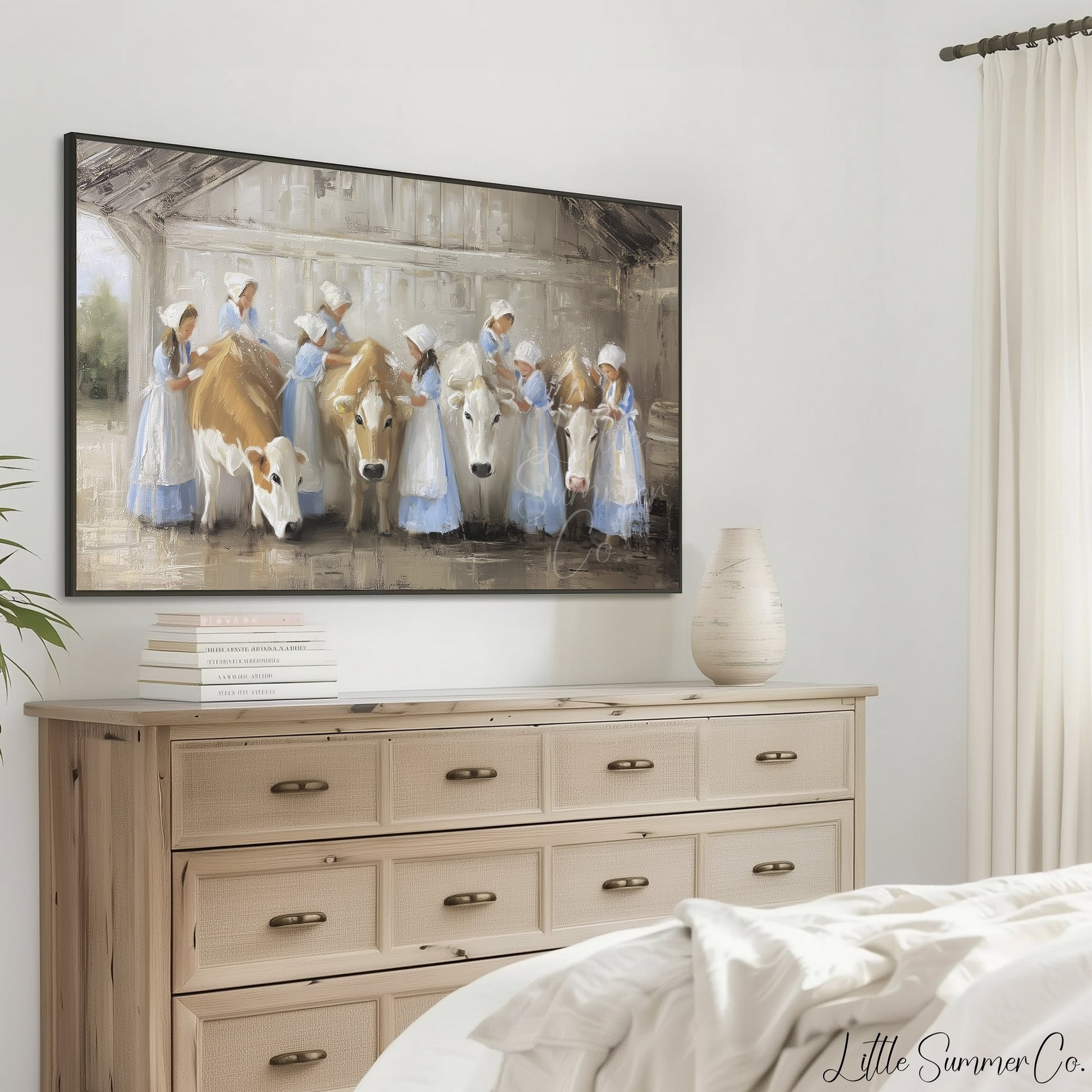 Milkmaids Tending Cows Frame TV Art displayed on a TV