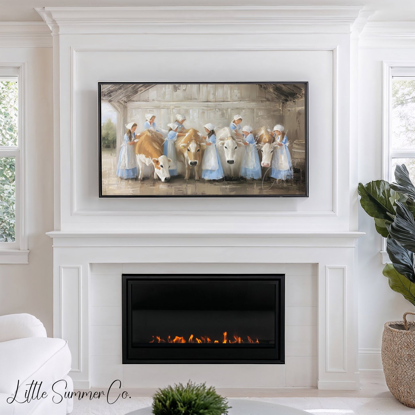 Milkmaids Tending Cows Frame TV Art displayed on a TV
