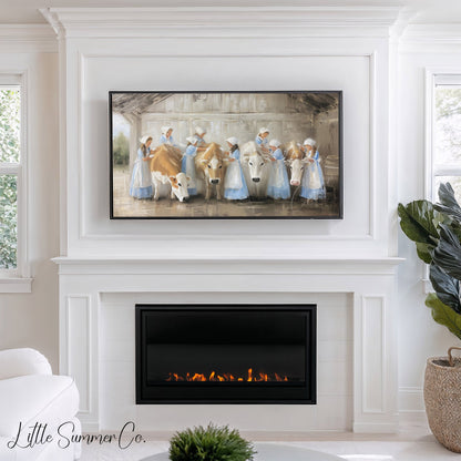 Milkmaids Tending Cows Frame TV Art displayed on a TV