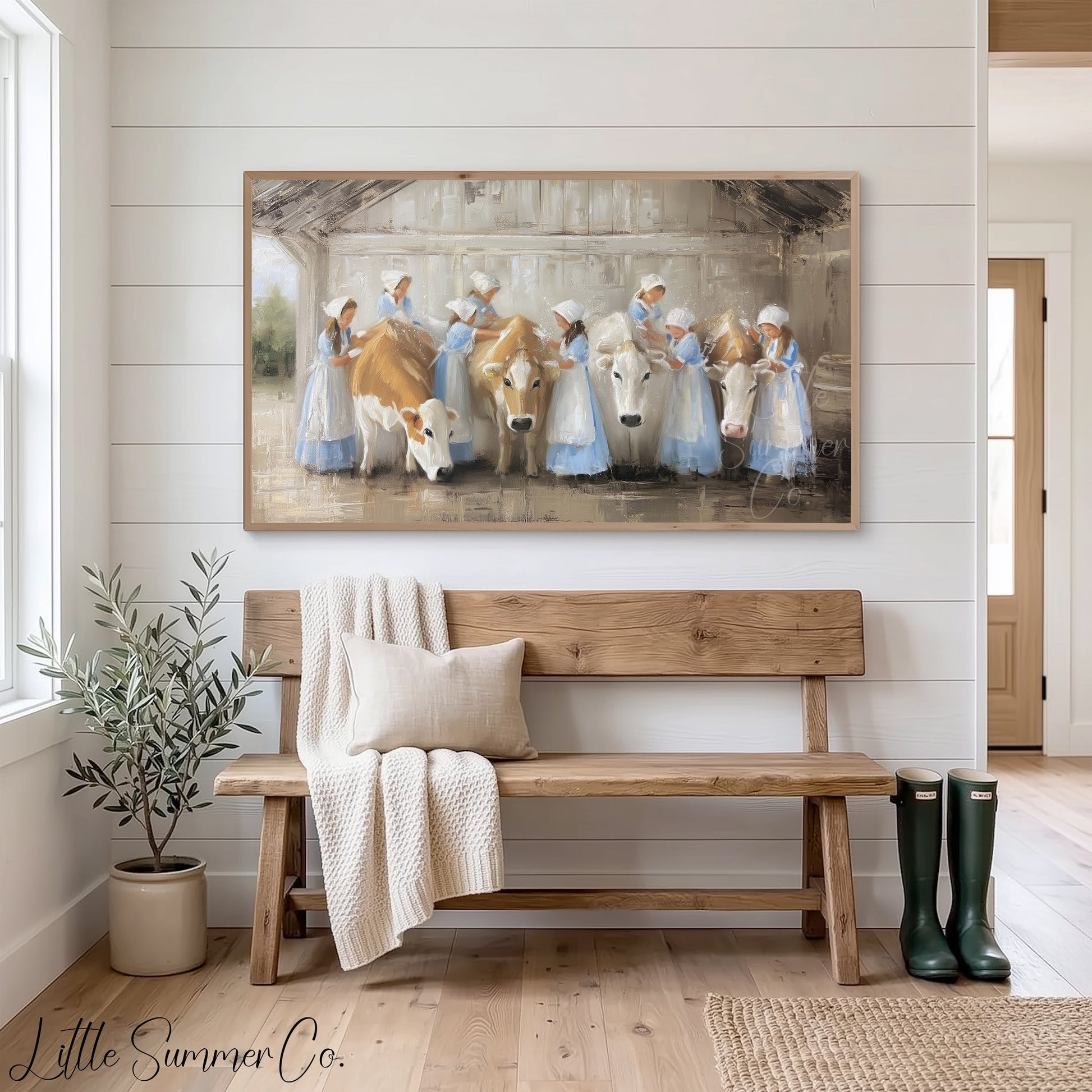 Milkmaids Tending Cows Frame TV Art displayed on a TV