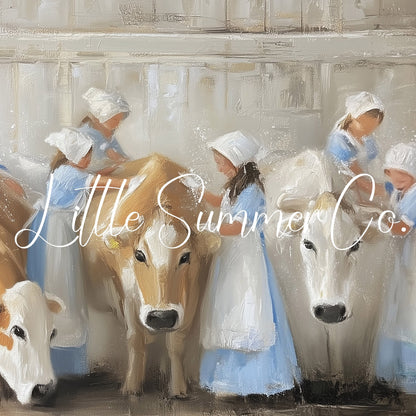 Milkmaids Tending Cows Frame TV Art displayed on a TV