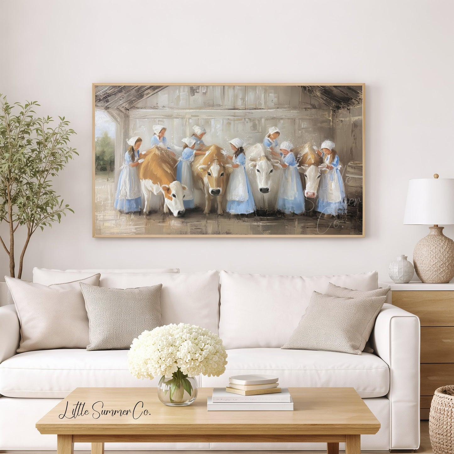 Milkmaids Tending Cows Frame TV Art displayed on a TV