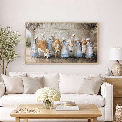 Milkmaids Tending Cows Frame TV Art displayed on a TV