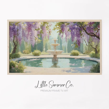 Wisteria Garden Fountain Reflecting Pool Frame TV Art displayed on a TV