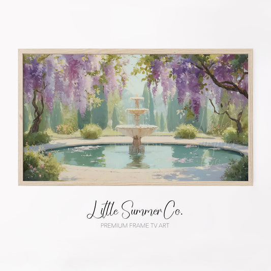 Wisteria Garden Fountain Reflecting Pool Frame TV Art displayed on a TV