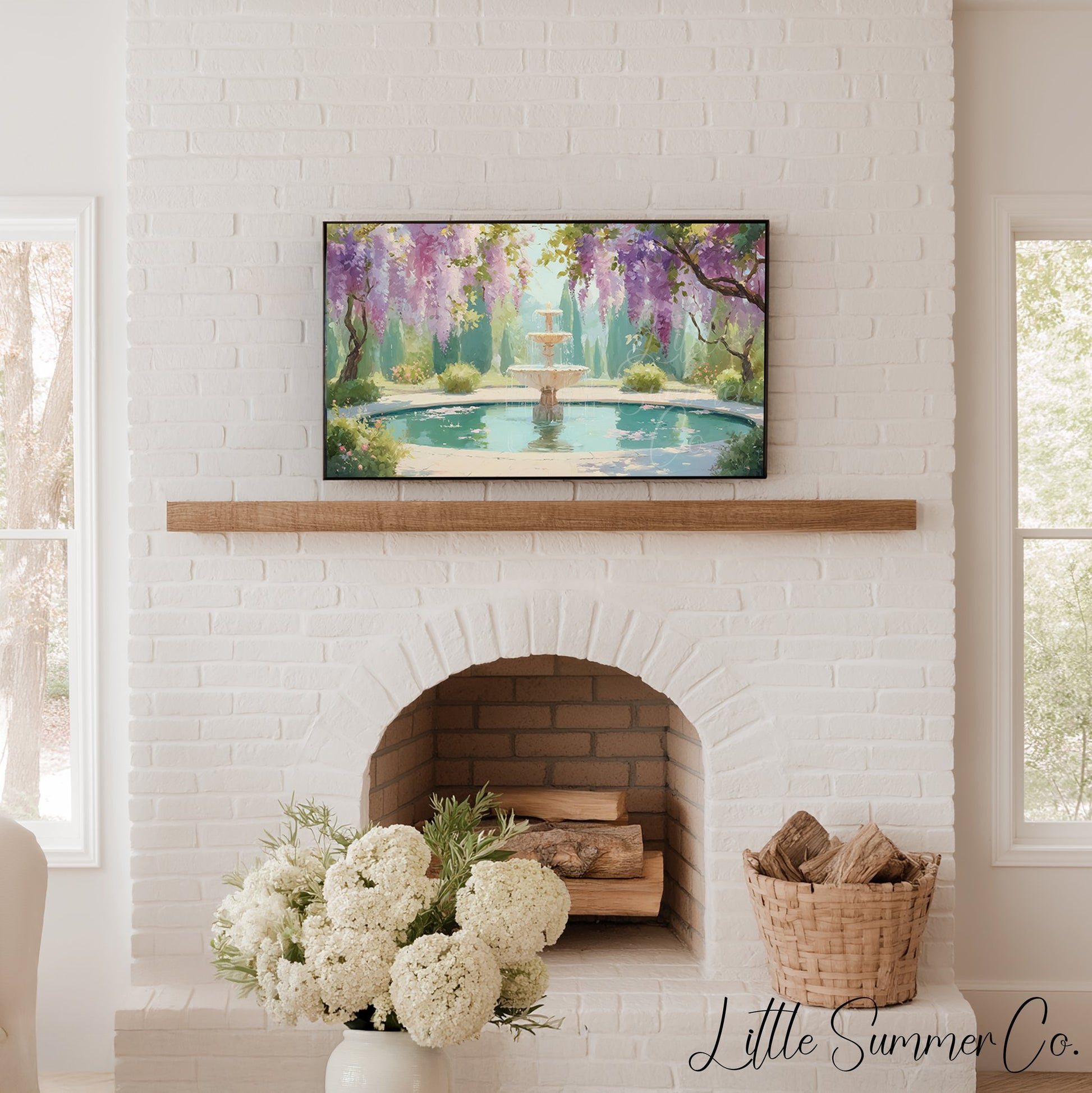 Wisteria Garden Fountain Reflecting Pool Frame TV Art displayed on a TV
