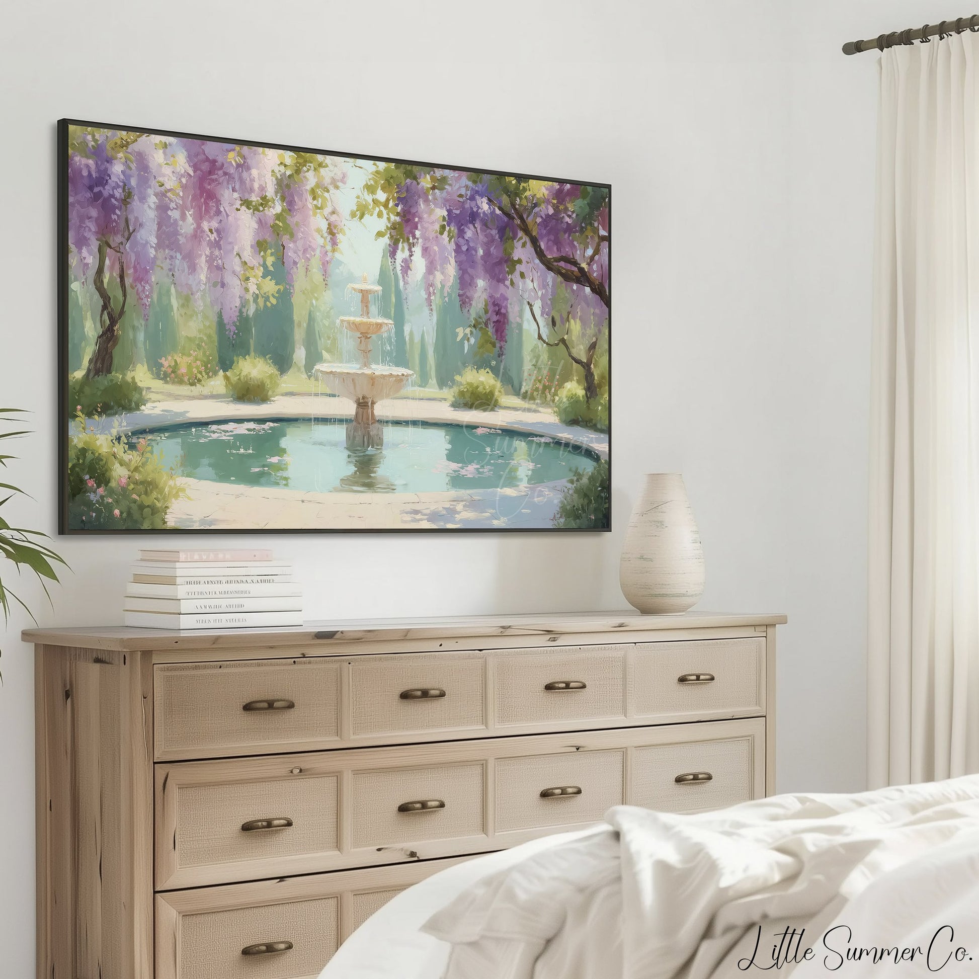 Wisteria Garden Fountain Reflecting Pool Frame TV Art displayed on a TV