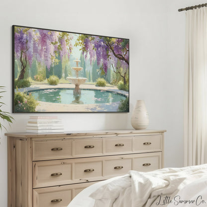Wisteria Garden Fountain Reflecting Pool Frame TV Art displayed on a TV