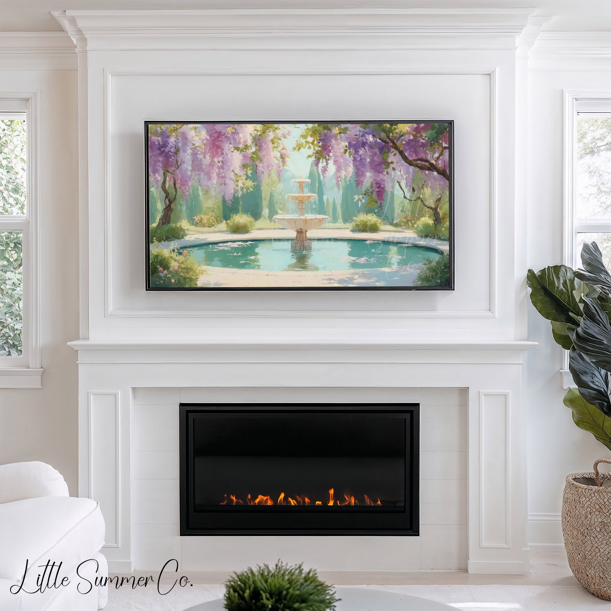 Wisteria Garden Fountain Reflecting Pool Frame TV Art displayed on a TV