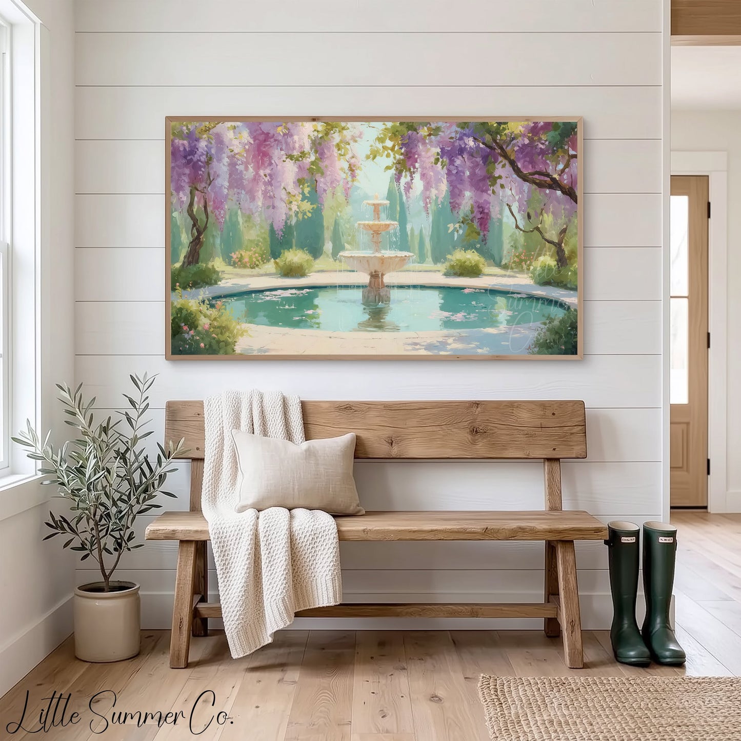 Wisteria Garden Fountain Reflecting Pool Frame TV Art displayed on a TV