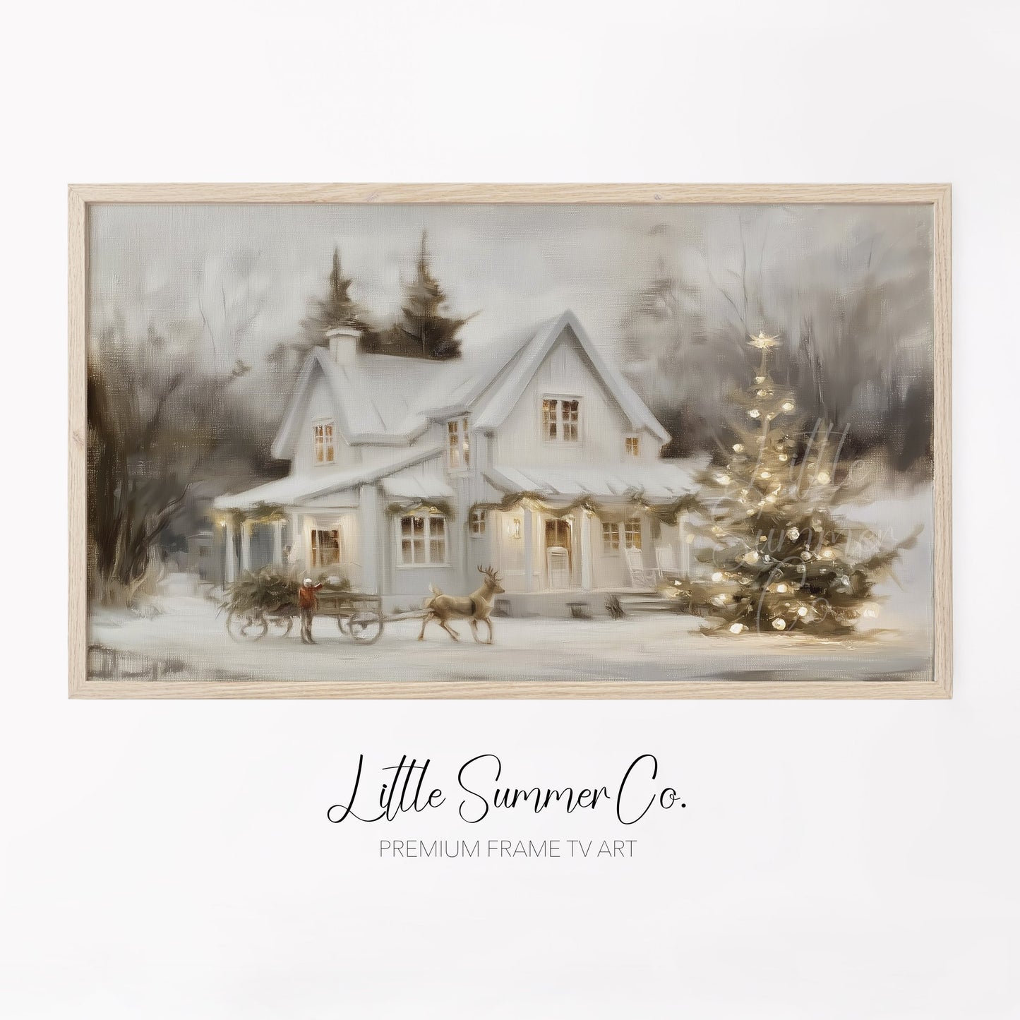 Snowy Cottage Christmas Tree Frame TV Art displayed on a TV