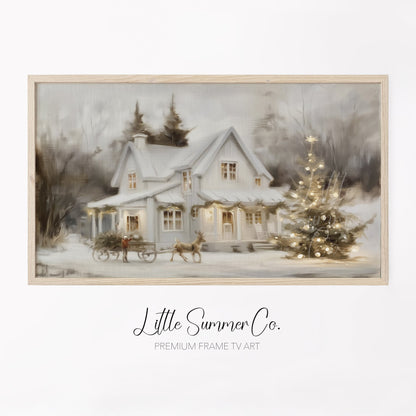 Snowy Cottage Christmas Tree Frame TV Art displayed on a TV