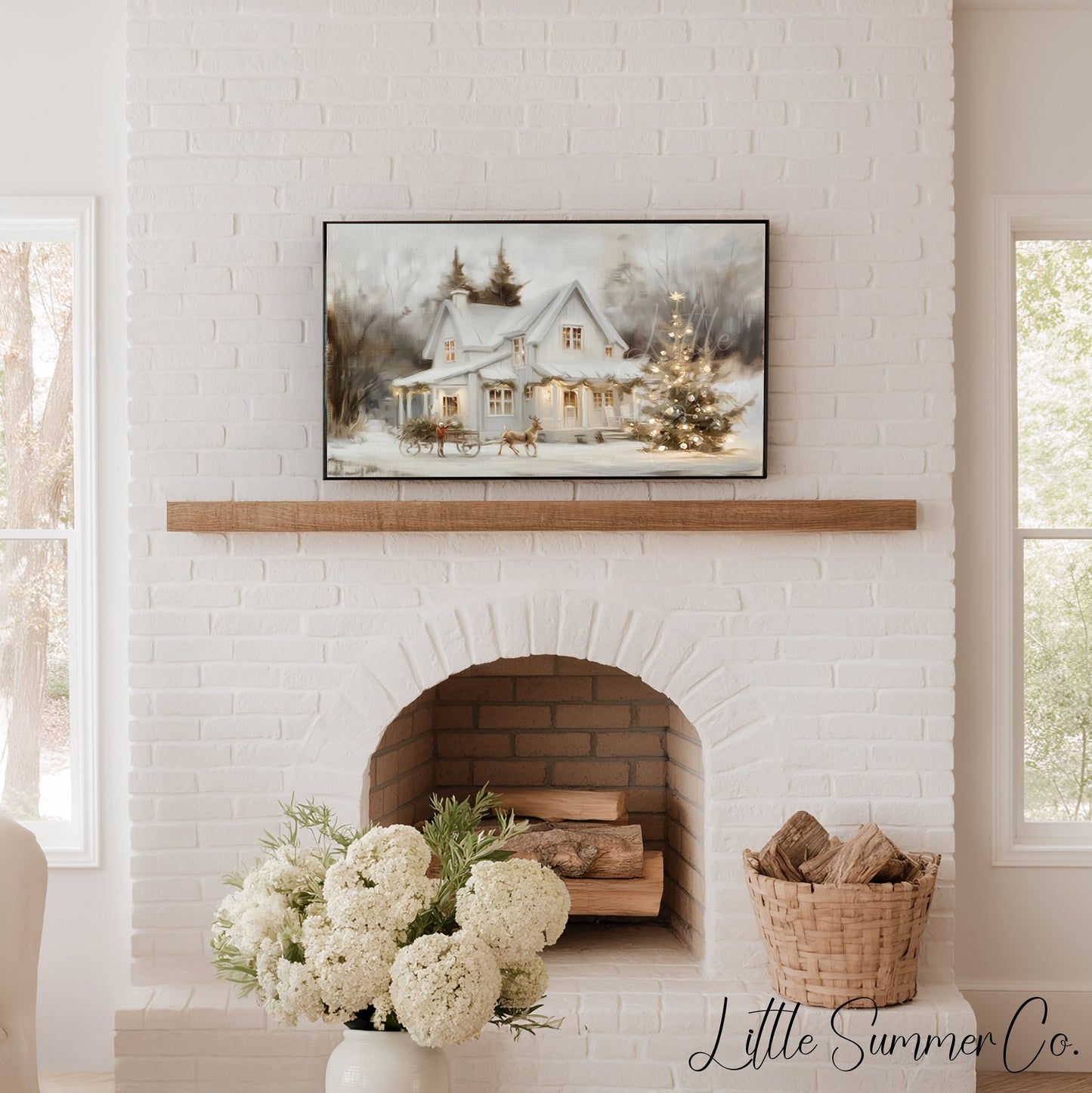 Snowy Cottage Christmas Tree Frame TV Art displayed on a TV