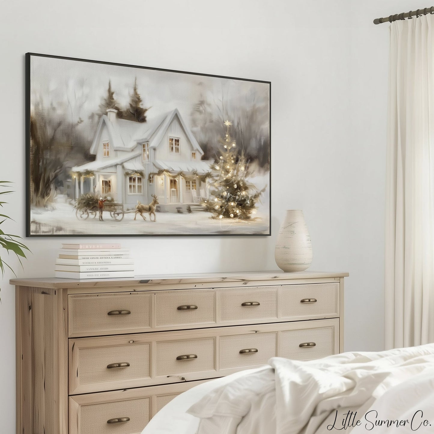 Snowy Cottage Christmas Tree Frame TV Art displayed on a TV