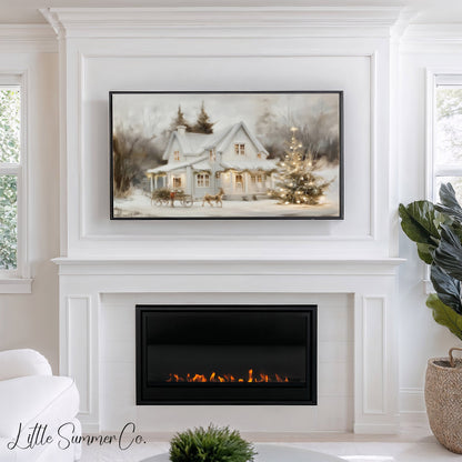 Snowy Cottage Christmas Tree Frame TV Art displayed on a TV