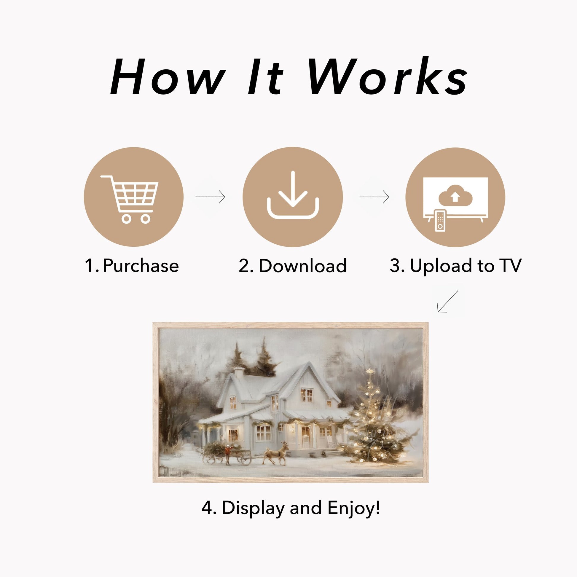 Snowy Cottage Christmas Tree Frame TV Art displayed on a TV