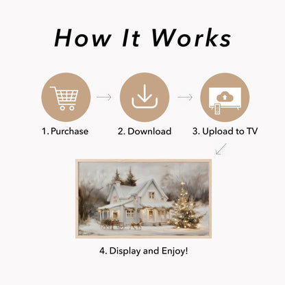 Snowy Cottage Christmas Tree Frame TV Art displayed on a TV