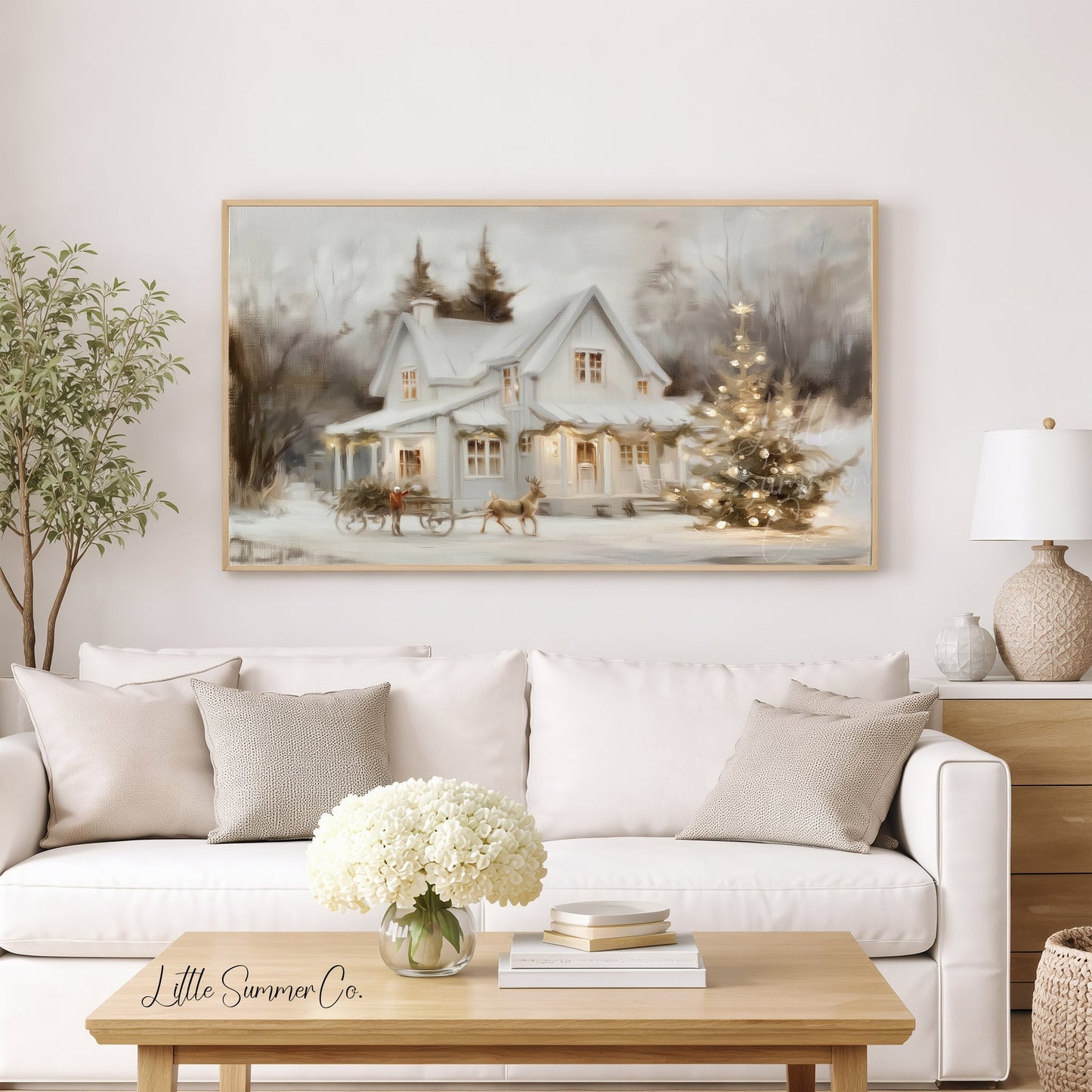 Snowy Cottage Christmas Tree Frame TV Art displayed on a TV