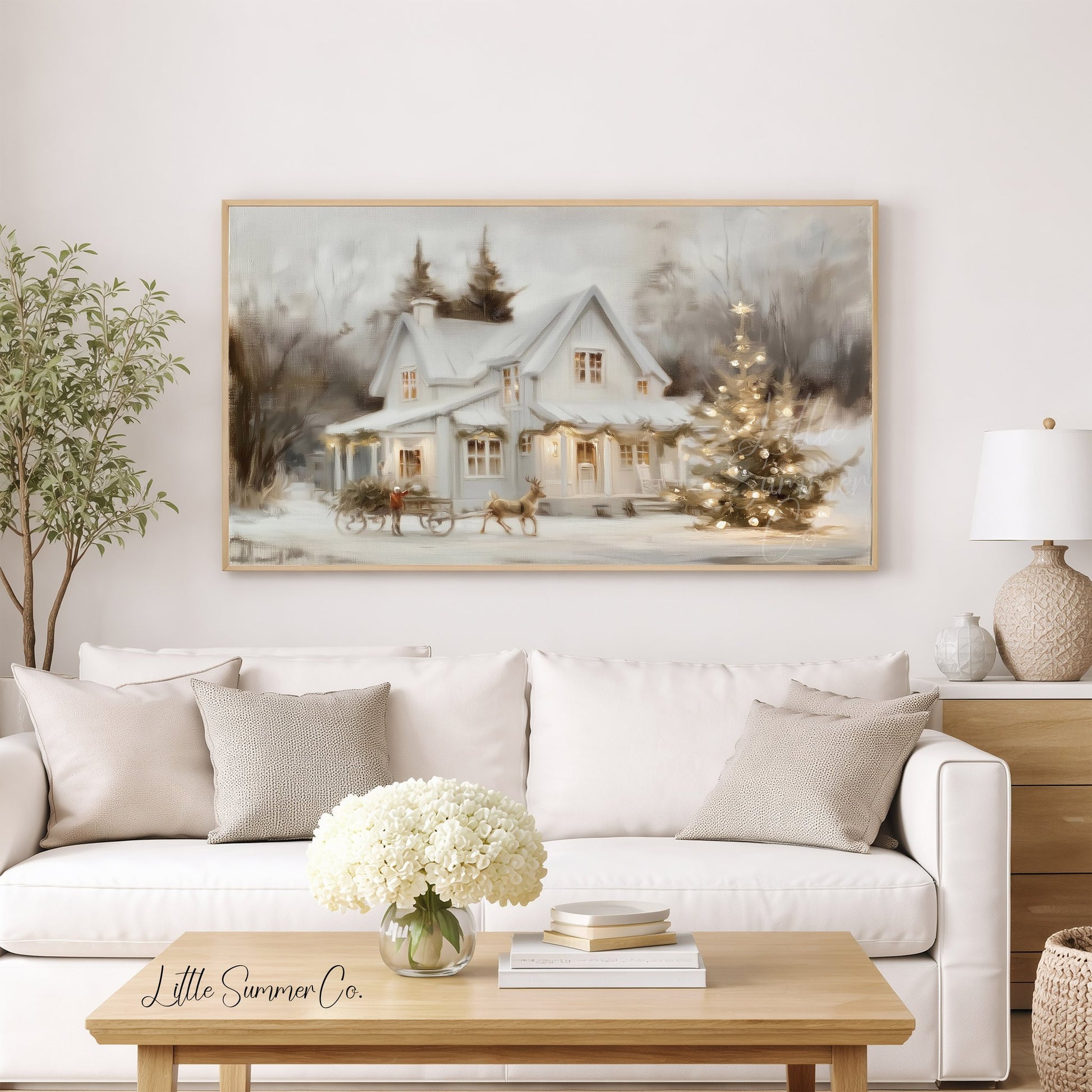 Snowy Cottage Christmas Tree Frame TV Art displayed on a TV