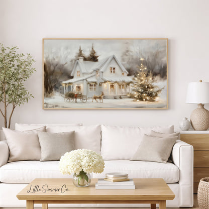 Snowy Cottage Christmas Tree Frame TV Art displayed on a TV