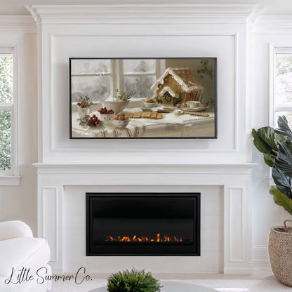 Gingerbread House Baking Frame TV Art displayed on a TV