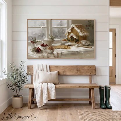 Gingerbread House Baking Frame TV Art displayed on a TV