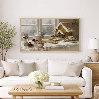 Gingerbread House Baking Frame TV Art displayed on a TV