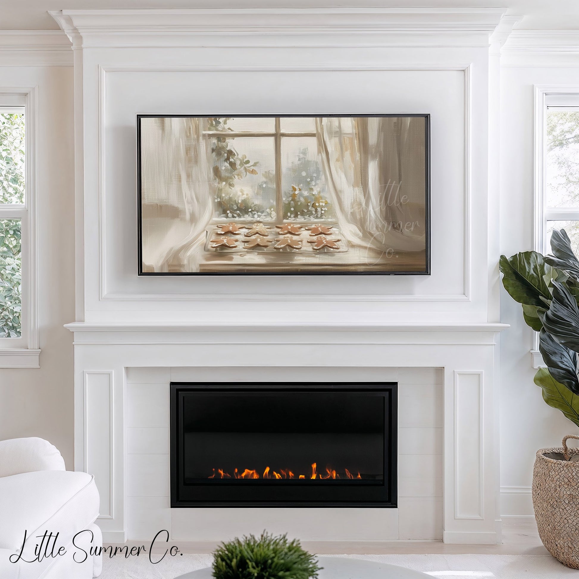 Gingerbread Cookies Window Frame TV Art displayed on a TV