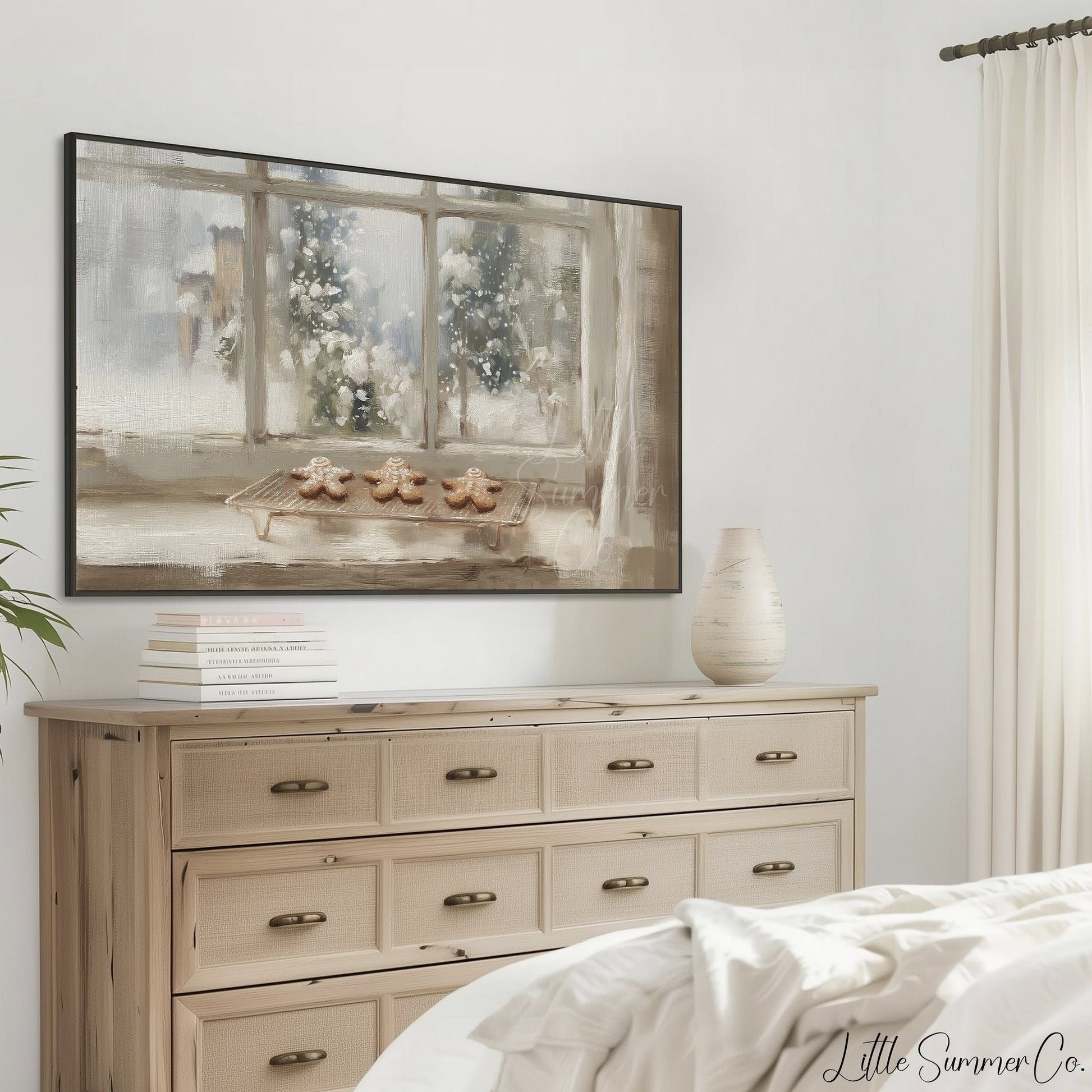 Gingerbread Cookie Window Frame TV Art displayed on a TV