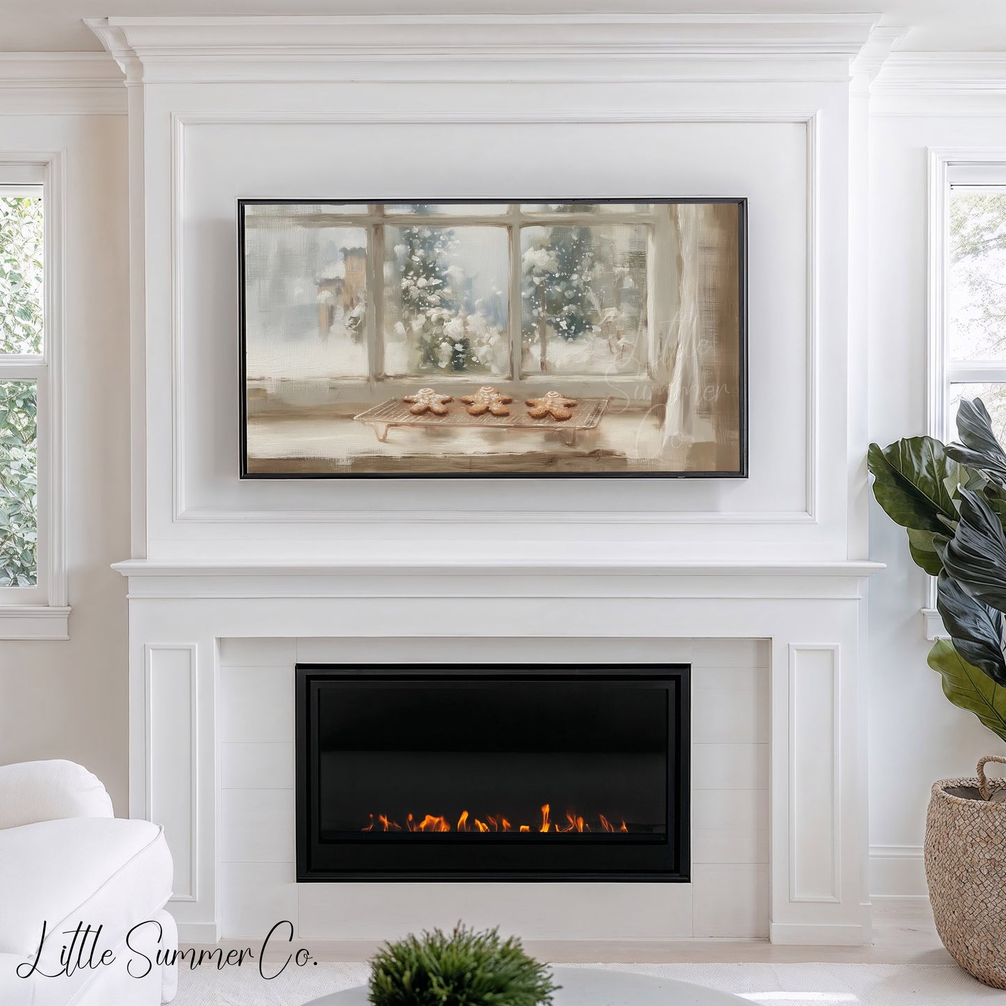 Gingerbread Cookie Window Frame TV Art displayed on a TV