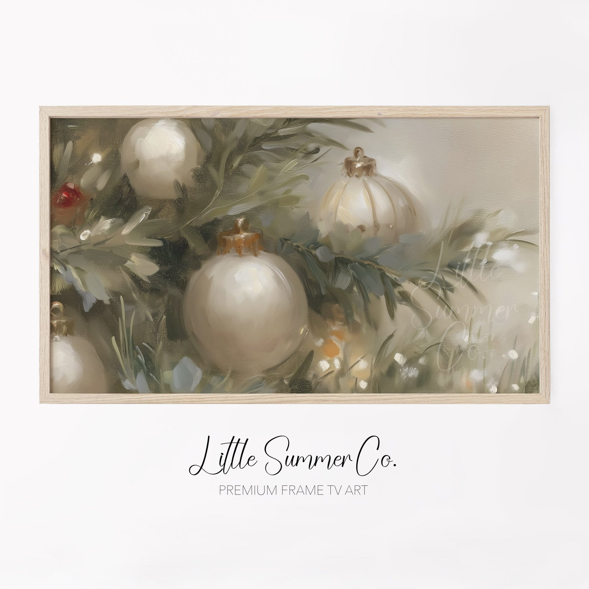 White Christmas Ornaments Frame TV Art displayed on a TV