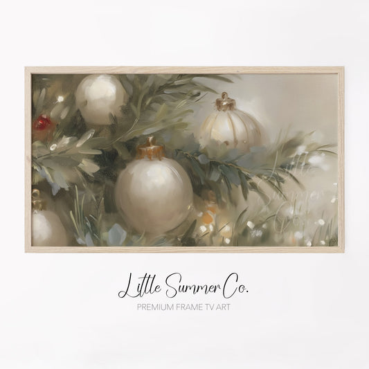 White Christmas Ornaments Frame TV Art displayed on a TV
