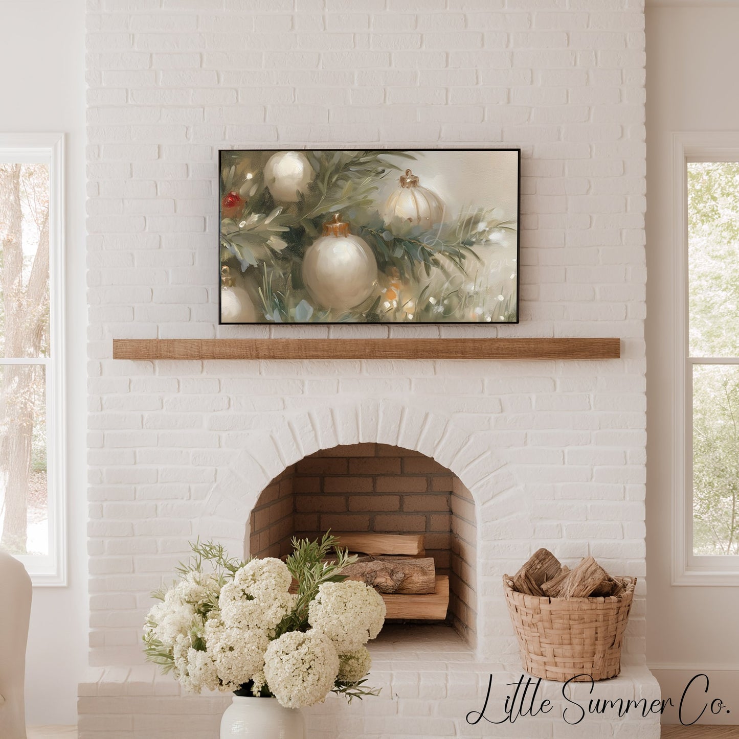 White Christmas Ornaments Frame TV Art displayed on a TV